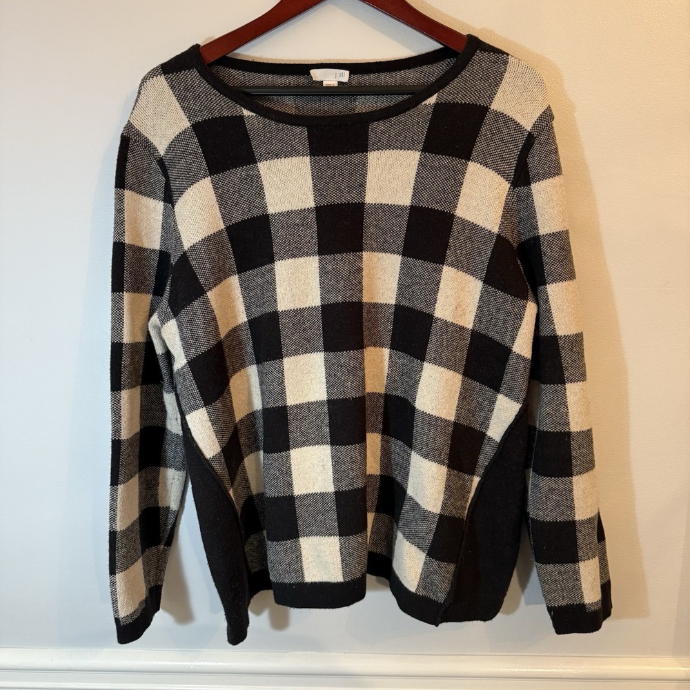 J Jill Sweater Medium M Black Cream Buffalo Plaid  Cotton Wool Blend Classic Wom